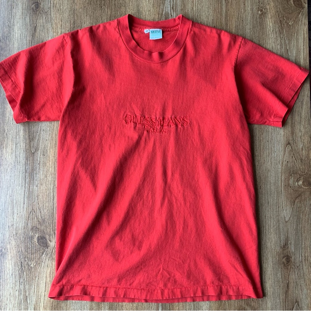 Vintage Guess T-Shirt Small Red Made In Mexico Single Stitch 90s Spell Out